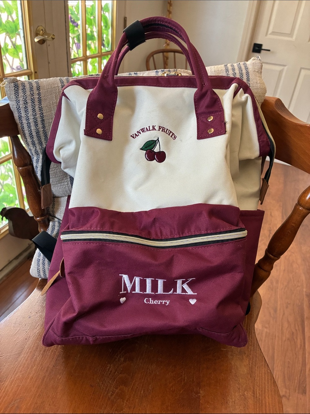 MILK Cherry Canvas Backpack in Cream & Burgundy